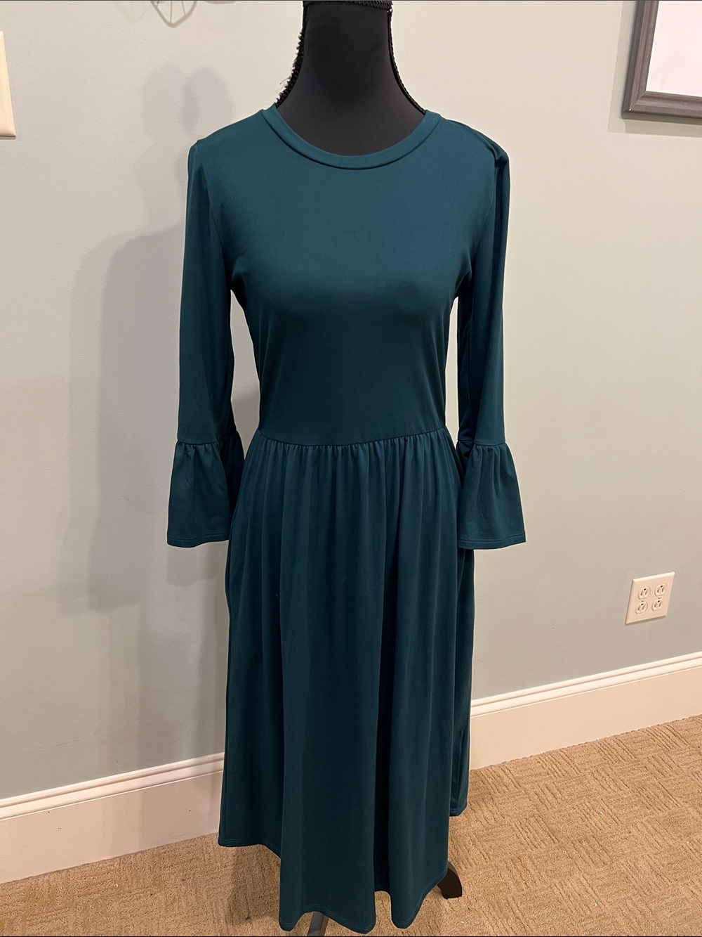 Reborn J Teal Long Sleeve Midi Dress with Flared Cuffs